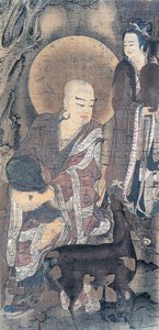 Religiöses Gemälde, das einen jungen Mönch mit einer Hirschkuh darstellt, Gemälde auf Seide, japanische Zivilisation, Heian-Periode, 794-1185 von School Japanese