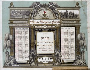 Gedenkkalender für zukünftige Bestattungsdienste eines verstorbenen nahen Verwandten. Jahrzeit-Gemälde. Jüdisches Museum Basel, Schweiz. von School Jewish