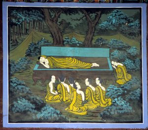 Buddha und seine Schüler. Fresko im Yongju-Tempel, Region Suwon, Korea.