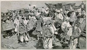 Koreanische Träger im Hafen von Chemulpo (Südkorea), Entladen der Dschunken - Illustration nach einer Fotografie aus dem 19. Jahrhundert von J. de Pange, aus Reisen in Korea von Dr. Hagen