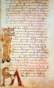 Heiliger Matthäus; Buchstabe M (Kopf des Löwen von St. Markus). Seite im Sakramentar von Gellone, Folio 42. Illuminierte von David, ca. 790, Frankreich, Meaux oder Cambrai. BN, Paris