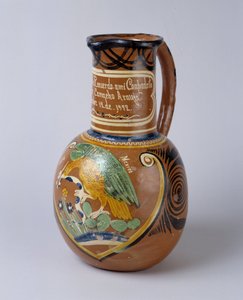 Volkskunst: Pulque-Krug (fermentierter Agavenalkohol) in bemalter und lackierter Terrakotta, aus Mexiko. 1972 Musée de la Vallée, Barcelonnette (Alpes de Haute Provence)