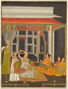 Eine Prinzessin auf einer Terrasse mit Begleitern bei Nacht (recto); Kalligraphie (verso), um 1760 von School Mughal