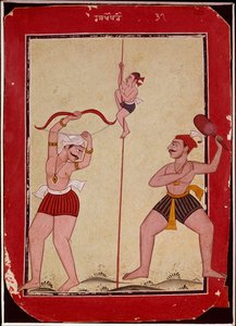 Drei Athleten beim Training (Seil, Bogenschießen und Schneeschuhspiel) (Miniatur) von School Mughal