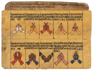 Ein Thyasapu-Manuskript mit ikonografischen Illustrationen von Mudras, Nepal von School Nepalese