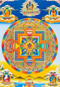 Akshobhya Mandala, Darstellung des unerschütterlichen Buddha als Bhumi Sparsa Mudra mit der Erde als Zeuge seiner Erleuchtung