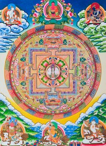 Mandala mit tausendarmigem Avalokiteshvara; der heilige, magische Kreis, der den elfköpfigen Bodhisattva darstellt, der unendliches Mitgefühl symbolisiert
