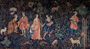 Der Vorhang der Herrschaft. Leben: eine galante Szene. Woll- und Seidenteppich, um 1520 in den Niederlanden gefertigt.