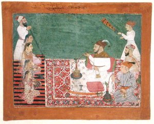 Rajah Deep Chand und Freunde rauchen eine Wasserpfeife, Bijapur, ca. 1760 von School Pahari