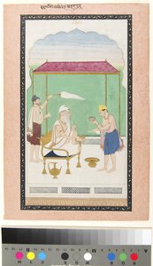 Ranjit Singh sitzt auf einem goldenen Stuhl, begleitet von einem Morchal-Träger und bedient