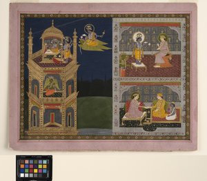 Vishnu nähert sich einem goldenen Turm auf Garuda, ca. 1825 von School Pahari