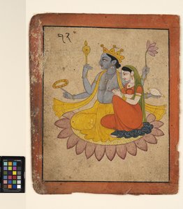 Vishnu mit Lakshmi auf einer Lotusblume, ca. 1780 von School Pahari