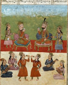 Islamische Kunst: Konzert und Unterhaltung in einem Harem. Persische Miniatur aus einem Manuskript des Epos 