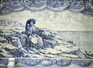 Heinrich der Seefahrer, sitzend, blickt auf das Meer - Azulejo aus der Umgebung von Lissabon (Sintra).