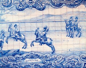 Reiter übt das Spiel Alcancias in Portugal. Azulejos. Botschaft von Italien, Lissabon