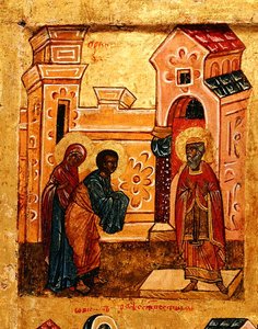 Ikone, die den Besuch von Joachim und Anna im Tempel in Jerusalem darstellt (Detail)