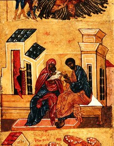 Ikone, die die Jungfrau mit ihren Eltern Joachim und Anna darstellt, ca. 1550 (Detail) von School Russian