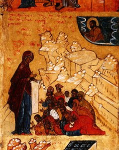 Ikone, die die wundersame Erscheinung der Jungfrau an Prinz Andrei Bogoliubski im Jahr 1155 darstellt (Detail)