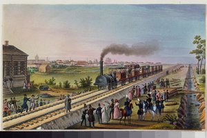 Die Ankunft des ersten Zuges von Sankt Petersburg nach Zarskoje Selo am 30. Oktober 1837