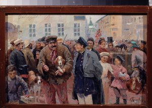 Der Tiermarkt auf dem Trubnaya-Platz in Moskau. Menschenmenge zwischen Käfigen und Haustierverkäufern. Werk eines russischen Meisters, Öl auf Leinwand, zweite Hälfte des 19. Jahrhunderts. Staatliches Zentralmuseum für Literatur, Moskau. von School Russian