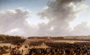 Parade auf dem Marsfeld, im Vordergrund Alexander Puschkin und Nikolaus I. auf einem Pferd