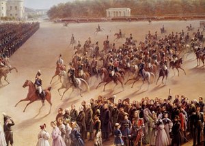 Parade auf dem Marsfeld, im Vordergrund Alexander Puschkin (1799-1837) und Nikolaus I. (1796-1855) auf einem Pferd, die zur Kaiserin in einer Kutsche in Paris reiten (Detail). Gemälde der russischen Schule. 1825-1830. Sankt Petersburg, Museum von School Russian
