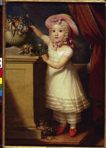 Porträt von Ekaterina Dmitrievna Obreskova (1822-1874). Ein kleines Mädchen, elegant und kostbar, streckt sich auf Zehenspitzen, um einige Blumen aus einem Strauß zu pflücken. von School Russian