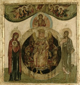 Russische Ikone der Sophia, Die Heilige Weisheit, auf dem Thron in Form eines feurigen geflügelten Engels von School Russian