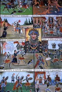 Ein Puppentheaterdekor namens Puppi, das zu einer sizilianischen Tradition gehört, die bis in die Antike zurückreicht und die Geschichte von Invasionen und normannischen Eroberungen erzählt. Palermo, Sizilien, Italien.