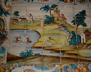 Azulejos-Fliesen, die einen Jäger darstellen, der auf Hirsche schießt von School Spanish