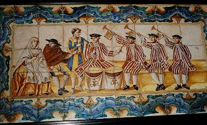 Azulejos-Fliesen, die Trompeter und einen Trommler darstellen