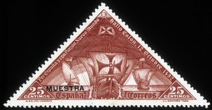 Spanische Briefmarke auf den Karavellen von Christoph Kolumbus