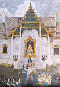 Fresko, das eine Szene aus dem Leben Buddhas darstellt, Wat Phra That Doi Suthep Tempel von School Thai