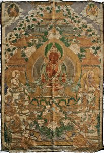 Amitabha (Buddha des Reinen Landes) - Tibetische Malerei, Pigmente und Gold auf Stoff, Ende des 19. Jahrhunderts, 74x51 cm - (Amitayus Buddha Thangka, tibetische Kultur, Pigmente und Gold auf Textil, Ende des 19. Jahrhunderts) - Private Sammlung von School Tibetan