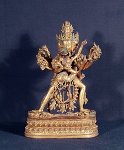 Hevajra und Nairatmya (vergoldete Bronze mit Silbereinlage) von School Tibetan