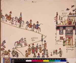 Illustration eines Teils einer Hochzeitszeremonie: Die Braut wird von ihrem Haus abgeholt, ca. 1844 - 62