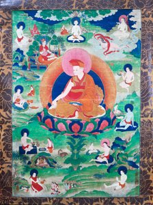 Der Lama Rje-grags Rtod Iha-pa-pa- dbang Graps mit Heiligenschein und umgeben von zahlreichen Mahasiddha (Gouache auf Leinwand) von School Tibetan