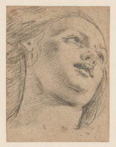 Studie eines weiblichen Kopfes, nach rechts blickend (recto); Studie von zwei Figuren, die einen Gegenstand stützen (verso) von School of Guido Reni