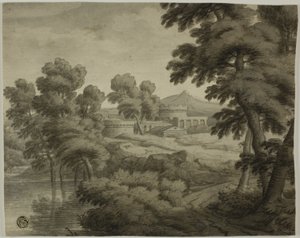 Italienische Landschaft mit Schloss, Bäumen und Wasser im Vordergrund von School of Nicolas Poussin