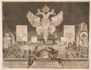 Feuerwerk in Moskau am 1. Januar 1704 anlässlich der Eroberung der schwedischen Festung Nyenskans, 1705