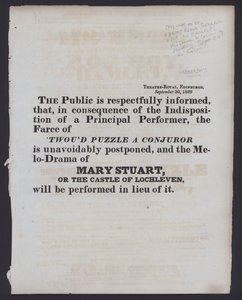 Hinweis auf eine Änderung der geplanten Aufführung im Theatre Royal, Edinburgh, 30. September 1829 von Scottish School