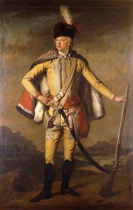 Porträt von John Lindsay, 20. Earl of Crawford und Lindsay, in voller Länge, in Husarenuniform, mit einer Steinschlossmuskete, eine Landschaft im Hintergrund, ca. 1745 von Scottish School
