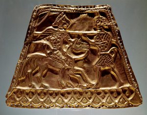 Goldenes Blatt zeigt einen Reiter, der einen Krieger mit einem Speer angreift von Scythian