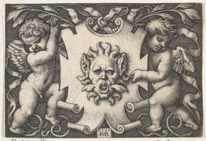 Eine Maske auf einem Wappenschild, unterstützt von zwei Genien, 1544 von Sebald Beham