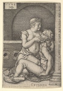 Cimon, der an einer Säule sitzt, wird von Pero, die neben ihm kniet, gestillt von Sebald Beham