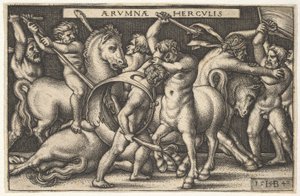 Herkules mit seiner Keule im Zentrum kämpft gegen einen Zentauren, andere Männer kämpfen gegen Zentauren links..., 1542 von Sebald Beham