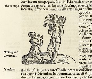 Eine Hexe beschwört einen dreiköpfigen Dämon, aus der Ausgabe von 1550 der 