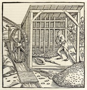 Bergbau mit Wasserrad, aus der Ausgabe von 1550 der 