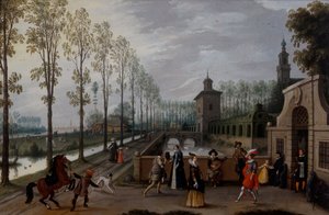 Eine elegante Gesellschaft promeniert vor einem Palast von Sebastian Vrancx