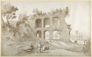 Basilika von Konstantin. Eingangswand in einer fantastischen Umgebung (Feder & Tinte mit Waschung auf Papier)